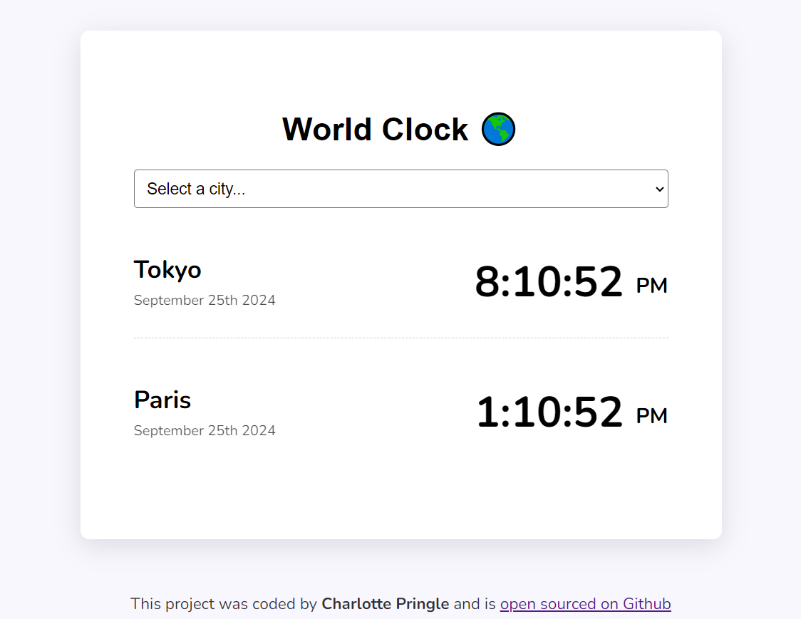 Screenshot of world clock app